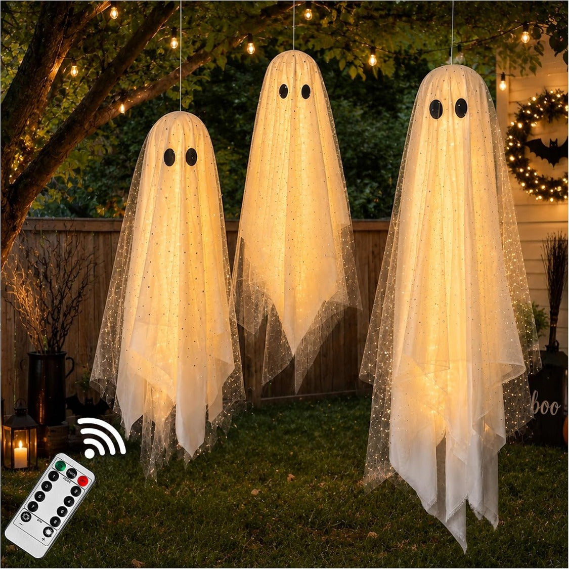 Halloween Hanging Ghost Decorations with Lights - Set of 3